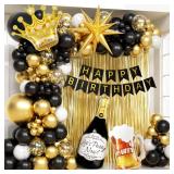 107pcs Black Gold Birthday Decorations for Men with Black and Metallic Gold Foil Balloons Happy Birthday Banner for 16th 18th 21st 24th 32th 40th 50th 60th Birthday Decorations for Men