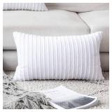 UGASA Velvet Pillow Covers Striped, Decorative Throw Cushion Case with Hidden Zipper for Home Couch/Bedroom/Car, Soft Cozy Solid Oblong, 1 Piece (12\"x20\", Pure White)