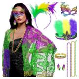 Simple polymer 9 Pcs Mardi Gras Shawl Scarf Costume with Feather Headband Earrings Beads Necklaces Mask Mardi Gras Gay Day for Mardi Gras Party