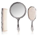 3 pc Silver Chrome Girls Vanity Set Comb Brush Mirror.