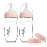 Gulicola Natural Glass Baby Bottle for Breastfed Babies, Anti-Colic Baby Bottle Set with Medium Flow Nipple, 3 Months +, 8 oz, 2 Pack - Pink