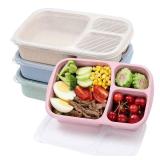 buluker 4 Pack Bento Lunch Box Set 3 Compartment Food Storage Containers Wheat Straw Meal Prep Lunch Box Plastic Food Storage Containers, Microwave and Dishwasher Safe (light colour)