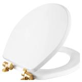 Mayfair Bennett Toilet Seat with Brushed Gold Hinges, Slow Close Wood Seat, Secure Metal Hinges, Easy Install, Made in USA, Round, White