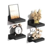 SRIWATANA Small Floating Shelves Wall Mounted, 4 Inch Wood Shelf for Decoration and Storage Set of 4, Mini Display Shelf for Bedroom, Bathroom, Kitchen, Office (Weathered Black)
