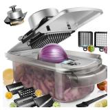 Vegetable Chopper Stainless Steel, 9-in-1 Mandoline Food Slicer for Kitchen, Veggie Chopper with Container, Vegetable Cutter for Salad,Potato,Carrot, Onion and Fruit, Home Essentials