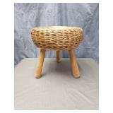 Handwoven Rattan Footstool with Wooden Legs