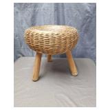 Handwoven Rattan Footstool with Wooden Legs