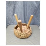 Handwoven Rattan Footstool with Wooden Legs