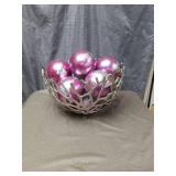 Modern Geometric Metal Bowl with Pink Glass Ornaments