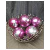 Modern Geometric Metal Bowl with Pink Glass Ornaments