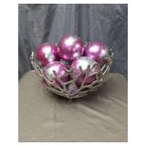 Modern Geometric Metal Bowl with Pink Glass Ornaments