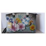 Anuschka X- Large Tote Floral Gray Hand Painted Leather Shoulder Purse DUST BAG