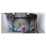 Anuschka X- Large Tote Floral Gray Hand Painted Leather Shoulder Purse DUST BAG