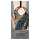 SHARIF NEEDLEPOINT GRAY ROSE PATENT LEATHER SHOPPER WITH WRISTLET DUST BAG NWT