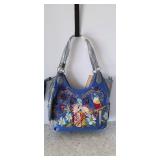 Sharif Blue Leather Shoulder Bag Parrot Floral Embroidery Tassel Purse