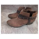Clarks Brown Leather Ankle Boots with Studded Strap - Size 8.5