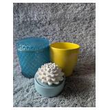 Modern Home Decor Set - Blue Glass Jar, Yellow Planter, Ceramic Flower Jar