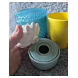 Modern Home Decor Set - Blue Glass Jar, Yellow Planter, Ceramic Flower Jar
