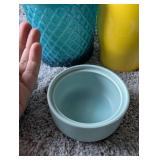 Modern Home Decor Set - Blue Glass Jar, Yellow Planter, Ceramic Flower Jar