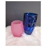 Blue Diamond Cut Glass Vase + Matte Pink Vase