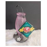 Vintage Pink Glass Hummingbird Feeder +  Straw Bird House