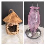 Vintage Pink Glass Hummingbird Feeder +  Straw Bird House
