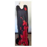 Elegant Black Maxi Dress with Red Leaf Print - Size Small