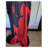 Elegant Black Maxi Dress with Red Leaf Print - Size Small