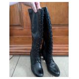 Vintage Style Black Leather Lace-up Knee-High Boots - Size 8.5