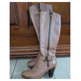 Taupe Leather Knee-High Heeled Boots - Size 8.5