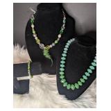 Set of 2 Green Beaded Statement Necklaces + Bracelet