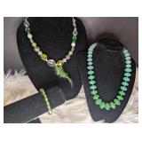 Set of 2 Green Beaded Statement Necklaces + Bracelet