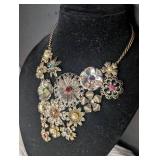 Multi-Flower Statement Necklace with Colored Crystals