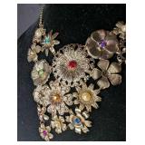 Multi-Flower Statement Necklace with Colored Crystals