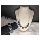 Black Crystal Disc Statement Necklace + Matching Bracelet