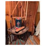 1940s Billiard Pool Cue Stand with Supreme Talc Can and misc