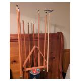 1940s Billiard Pool Cue Stand with Supreme Talc Can and misc