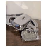 Crystal Salt & Pepper Set with Chrome Serving Trays and matching butter covered dish with serving plate and knife