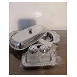 Crystal Salt & Pepper Set with Chrome Serving Trays and matching butter covered dish with serving plate and knife