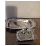 Crystal Salt & Pepper Set with Chrome Serving Trays and matching butter covered dish with serving plate and knife