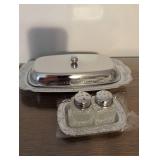 Crystal Salt & Pepper Set with Chrome Serving Trays and matching butter covered dish with serving plate and knife
