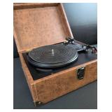 Portable Record Player with Brown Leather Case