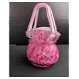 Hand-Blown Pink Art Glass Basket