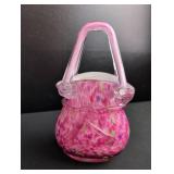 Hand-Blown Pink Art Glass Basket
