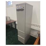 Tall Gray Metal Storage Cabinet with KU Jayhawk Stickers