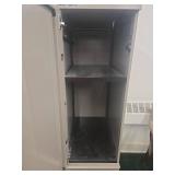Tall Gray Metal Storage Cabinet with KU Jayhawk Stickers