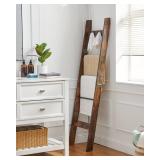 Hzuaneri Blanket Ladder for Living Room, Decorative Quilt Rack with 4 Removable Hooks, 5-Tier Farmhouse Ladder Holder Shelf Organizer for Bedroom, Rustic Brown and Black 02101BBR