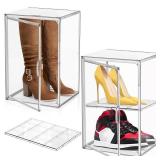 2 Pcs Shoe Display Case, XX-Large Tall Boot Storage Box Transparent Handbag Organizer for Closet Acrylic Shoe Box Clear Plastic Stackable Sneaker Collectibles Case with Detachable Divider
