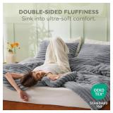 Bedsure Fluffy Comforter Set Queen - Super Soft Faux Fur Bed Set Grey, All Seasons Warm Plush Fleece Bedding, 3 Pieces, 1 Shaggy Fuzzy Queen Size Comforter with 2 Pillowcases