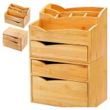 Yopay 2 Pack Bamboo Desk Organizer, Stackable Desktop Organizers with 3 Drawers, Bamboo Office Tabletop, Countertop Organization for Stationery, Makeup Vanity, Fully Assembled